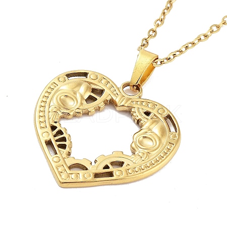 Heart with Steampunk Wheel Gear 304 Stainless Steel Pendant Necklaces NJEW-G083-03D-G-1