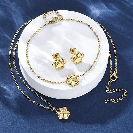 Dog Paw Print 304 Stainless Steel Pendant Necklaces & Bracelets & Stud Earrings Sets for Women SJEW-C004-20G-1