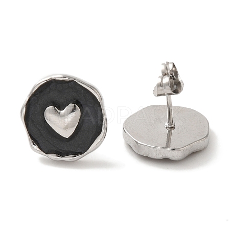 304 Stainless Steel Flat Round with Heart Stud Earrings EJEW-C114-15P-01-1