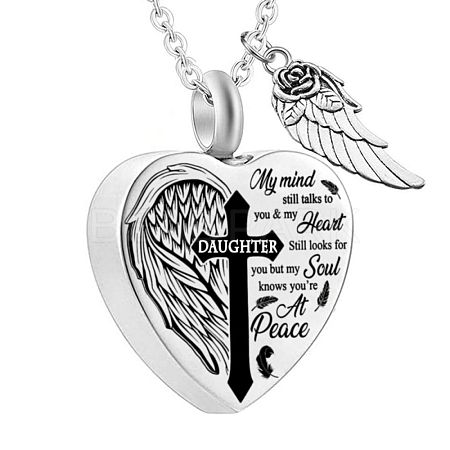 Non-Tarnish Heart and Wing Urn Ashes Pendant Necklace BOTT-PW0001-039C-1