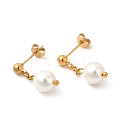 Glass Pearl Tassel Dangle Stud Earrings EJEW-P219-10G-1