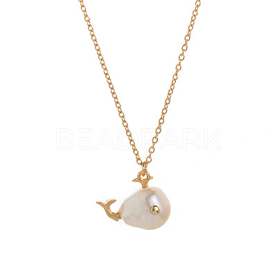 Natural Baroque Keshi Pearl Fish Pendant Brass Chain Necklaces FS-WGF6066-03-1
