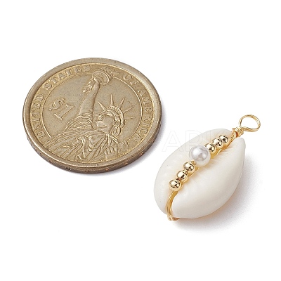 Natural Cowrie Shell Copper Wire Wrapped Pendants PALLOY-JF02277-03-1