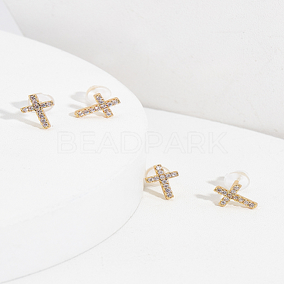 2 Pairs Brass Micro Pave Clear Cubic Zirconia Stud Earrings for Women EJEW-LP0001-57G-1