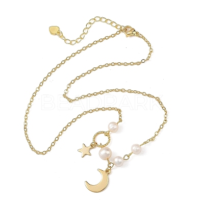 Brass Moon Star Pendant Cable Chains Necklaces for Women NJEW-JN06520-1