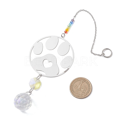 201 Stainless Steel Paw Print Shape & Rainbow Crystal Glass Hanging Suncatcher HJEW-JM04679-1