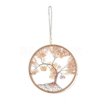 Wire Wrapped Chips Natural Yellow Aventurine Big Pendant Decorations HJEW-A005-05B-1