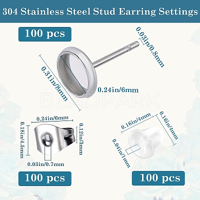 100Pcs Flat Round Stainless Steel Stud Earring Settings STAS-SP0001-61A-P-1