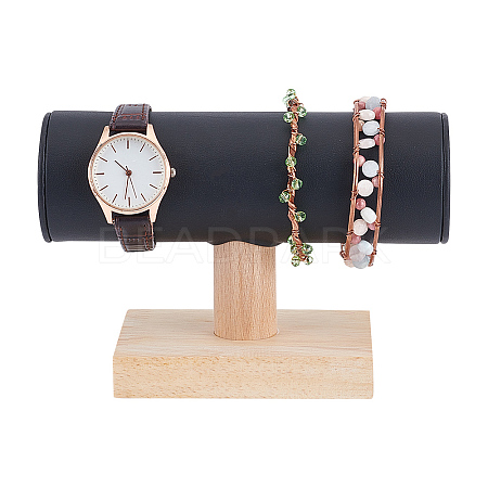 T-Shaped Bar PU Leather Bracelet Display Stands with Wooden Base AJEW-WH0471-127A-1