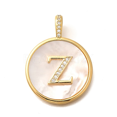 Rack Plating Brass Micro Pave Clear Cubic Zirconia Pendants with Shell KK-M309-42G-Z-1