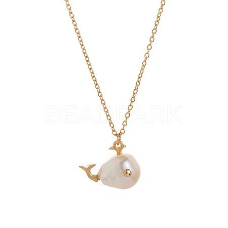 Natural Baroque Keshi Pearl Fish Pendant Brass Chain Necklaces FS-WGF6066-03-1