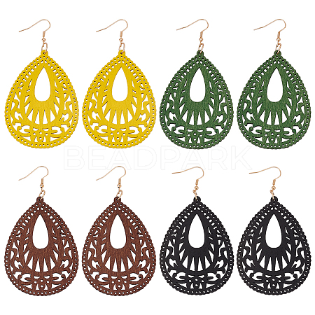 ANATTASOUL 4 Pairs 4Colors Wood Dangle Earrings for Women EJEW-AN0003-93-1