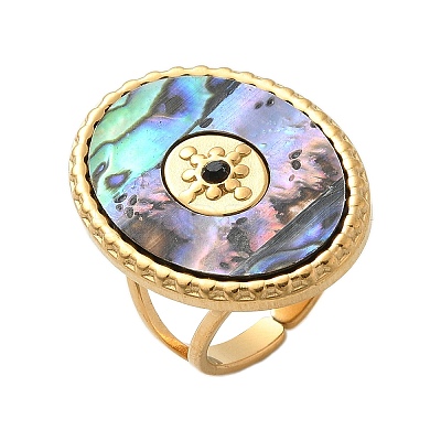 Oval 304 Stainless Steel & Paua Shell & Rhinestone Cuff Rings for Women RJEW-G346-06G-01-1