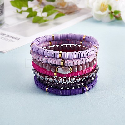 7Pcs 7 Style Handmade Polymer Clay Heishi Surfer Stretch Bracelets Set BJEW-SW00073-05-1