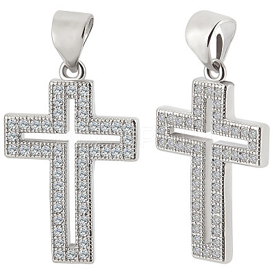 6Pcs Cross Brass Micro Pave Clear Cubic Zirconia Pendants KK-BBC0016-27-1