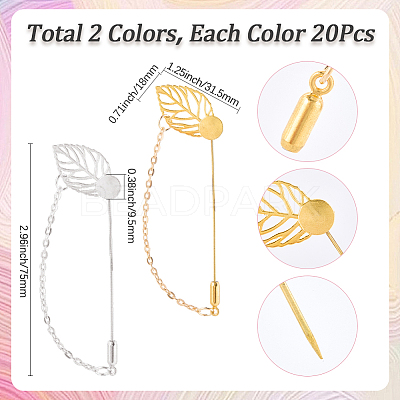 40Pcs 2 Styles Leaf Stainless Steel Round Tray Stick Lapel Pins JEWB-SC0001-75A-1