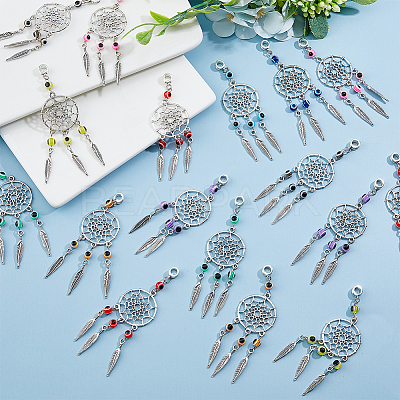 36Pcs 4 Colors Tibetan Style Alloy Woven Net/Web with Feather European Dangle Charms HJEW-AB00503-1