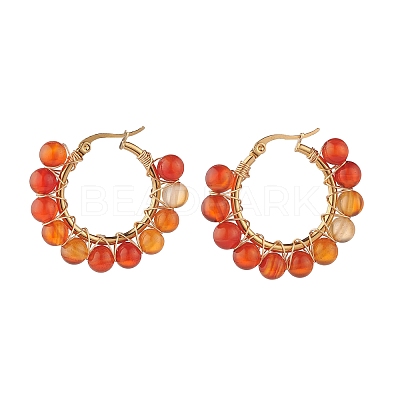 Round Natural Red Agate Wire Wrapped Big Hoop Earrings for Women EJEW-TA00048-01-1