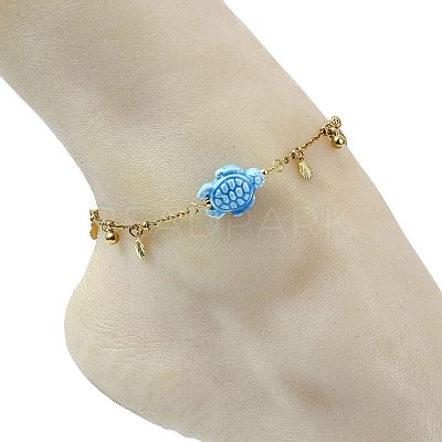 304 Stainless Steel Satellite Chain Dyed Synthetic Turquoise Blue Turtle Link Summer Beach Anklets for Women AJEW-AN00802-1