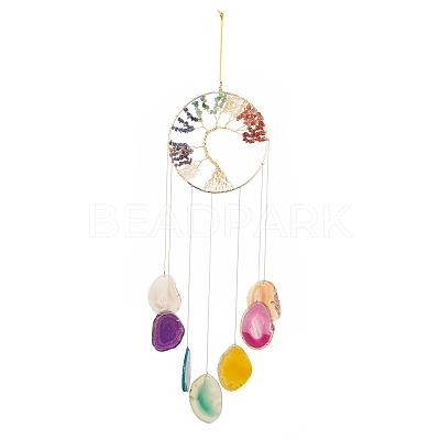 Chakra Flat Round with Tree of Life Wire Wrapped Wind Chimes HJEW-H054-01-1