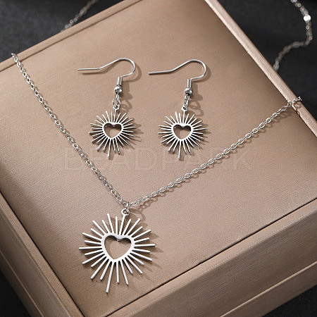 Heart Sun 304 Stainless Steel Pendant Necklaces & Dangle Earrings Sets FS-WGE9EFA-02-1