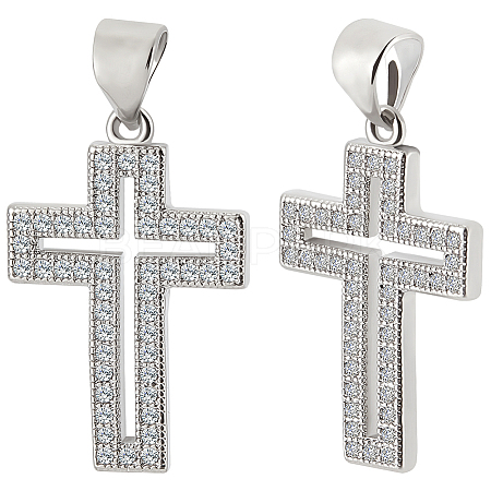 6Pcs Cross Brass Micro Pave Clear Cubic Zirconia Pendants KK-BBC0016-27-1