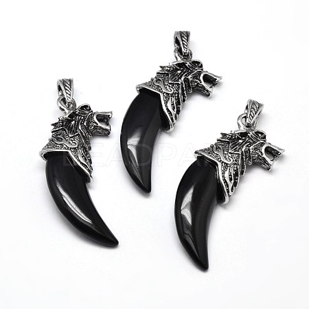 Tusk Shape with Wolf Antique Silver Zinc Alloy Natural Black Agate Big Pendants X-G-F228-63B-FF-1