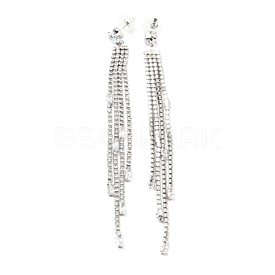 Clear Cubic Zirconia & Crystal Rhinestone Long Tassel Dangle Stud Earrings EJEW-C037-07B-P-1