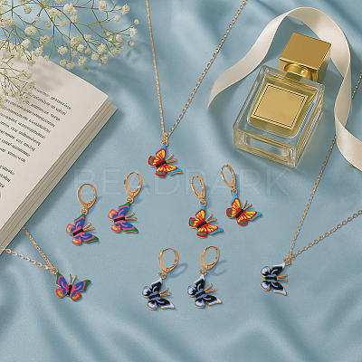 3 Colors Butterfly Alloy Enamel Pendant Necklace & Hoop Earring Sets SJEW-HY0001-03-1