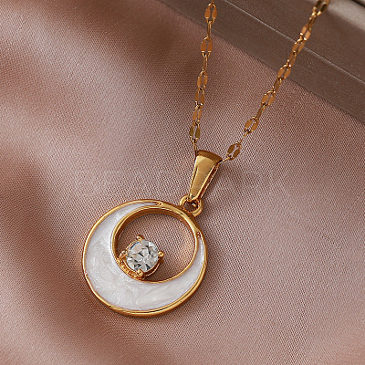 Vintage 304 Stainless Steel Resin Moon Pendant Necklaces with Clear Glass for Women LS-IK8705-1