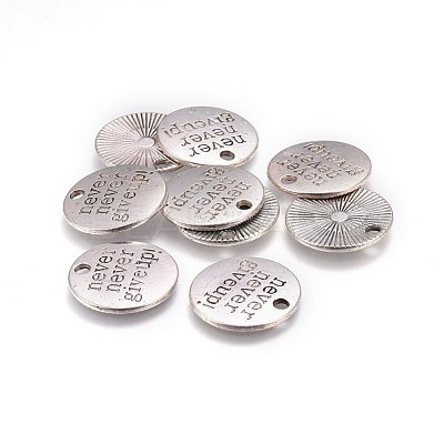 Tibetan Style Alloy Flat Round Carved Word Never Give Up Pendants TIBEP-12585-AS-NR-1