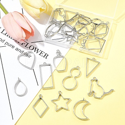 26Pcs 13 Styles Rack Plating Alloy Open Back Bezel Pendants FIND-FS0003-72-1