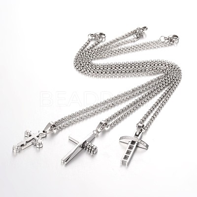 Tarnish Resistant 304 Stainless Steel Rolo Chain Cross Pendant Necklaces NJEW-JN01287-1