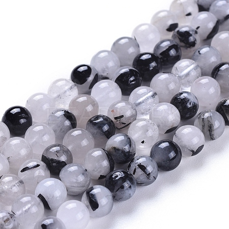 Natural Tourmalinated Quartz/Black Rutilated Quartz Beads Strands G-E558-04-6mm-1