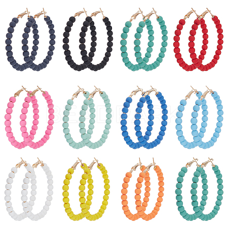 ANATTASOUL 12 Pairs 12 Colors Acrylic Round Beaded Hoop Earrings EJEW-AN0003-29-1