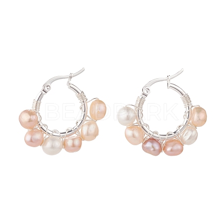 Natural Pearl Wire Wrapped Beaded Hoop Earrings for Women EJEW-JE04759-01-1