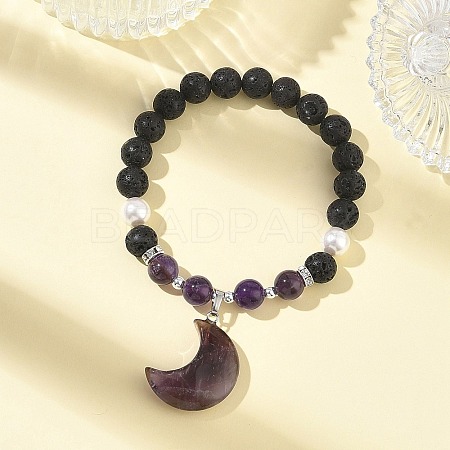 Natural Amethyst & Lava Rock & Shell Pearl Charm Bracelets BJEW-JB13705-02-1