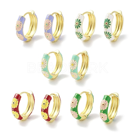 Real 18K Gold Plated Brass Enamel Flower Print Hoop Earrings for Women EJEW-L269-119G-1