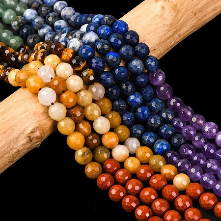 Chakra Theme Natural Red Rainbow Jasper & Yellow Aventurine & Tiger Eye & Green Aventurine & Blue Spot Stone & Lapis Lazuli & Amethyst Beads Strands G-F668-14-6mm-1