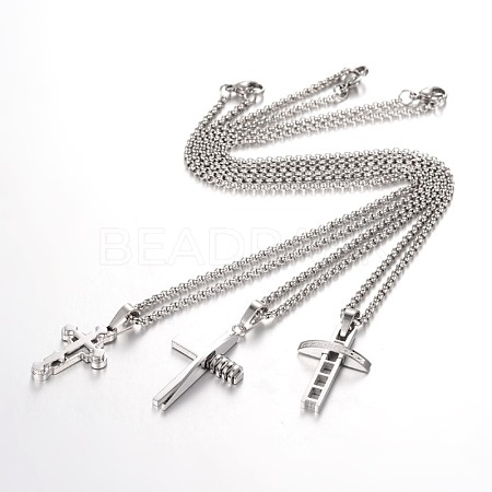 Tarnish Resistant 304 Stainless Steel Rolo Chain Cross Pendant Necklaces NJEW-JN01287-1