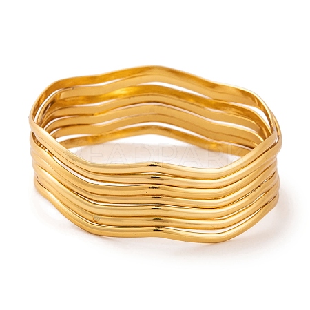 7Pcs PVD Vacuum Plating 304 Stainless Steel Wave Bangles Set for Women BJEW-A011-10D-G-1