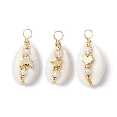 3Pcs 3 Styles Natural Cowrie Shell Copper Wire Wrapped Pendants PALLOY-JF02936-1