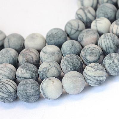 Frosted Natural Black Silk Stone/Netstone Round Bead Strands G-E334-8mm-25-1