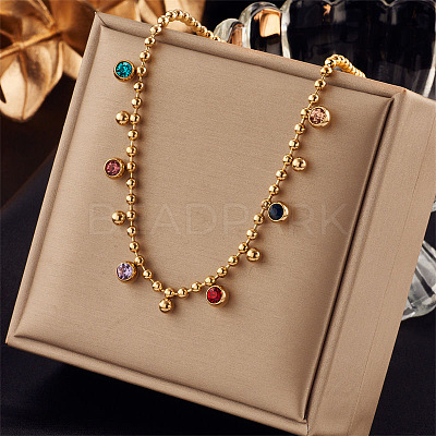316 Surgical Stainless Steel Pave Colorful Cubic Zirconia Ball Chain Flat Round Tassel Necklaces FS-WGDEC77-01-1