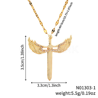 Brass Clear Cubic Zirconia 3D Cute Wing Sword Pendant Necklaces for Daily Wear GF5627-1-1