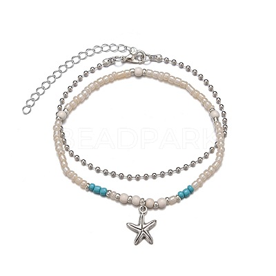1Pc Starfish Alloy Charm Glass Seed Beaded Stretch Anklets and 1Pc Alloy Ball Chain Anklets FS-WGED47C-01-1