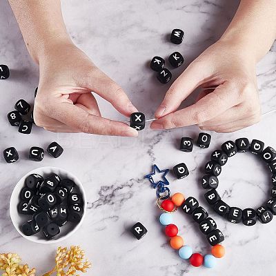 108 Pcs White Cube Silicone Beads Letter Number Square Dice Alphabet Beads with 2mm Hole Spacer Loose Letter Beads for Bracelet Necklace Jewelry Making JX438B-1