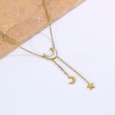Stainless Steel & Natural White Shell Moon Star Pendant Y-Shaped Tassel Necklaces for Women PP3147-1
