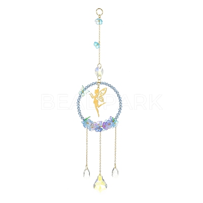 Teardrop Flower Glass & Acrylic Beads Suncatcher with 201 Stainless Steel Fairy Pendants HJEW-JM04988-02-1