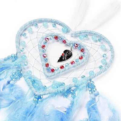 Heart Woven Web/Net with Feather Hanging Ornaments HJEW-G025-12B-1